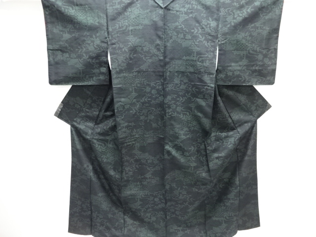 流水に垣根・草花模様織り出し十日町紬着物